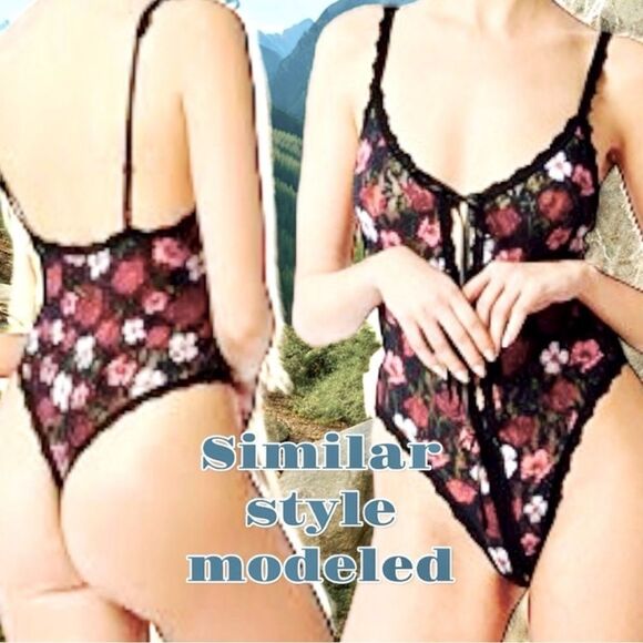 Bodysuit Teddy Black/Multi Color Floral Print Lace With Underwire Size L NWOT - Picture 7 of 14